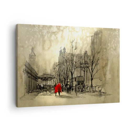 Quadro em tela - Uma figura vermelha em um cenário urbano nostálgico - 70x50cm - Um encontro no nevoeiro londrino - Decoração de parede moderna para a sala de estar e quarto ARTTOR