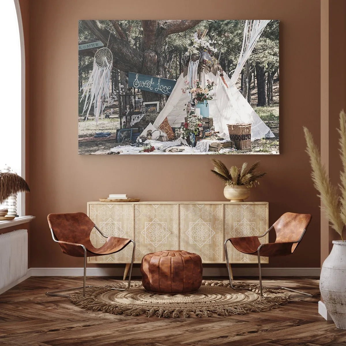 Quadro em tela - Decoração boho com uma tenda tipi na floresta - 70x50cm - Make love… - Decoração de parede moderna para a sala de estar e quarto ARTTOR