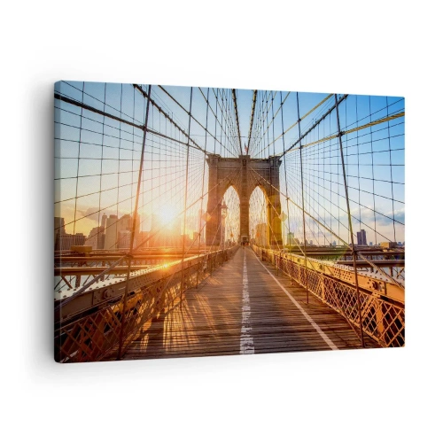 Quadro em tela - A ponte à luz do pôr do sol com vista para a cidade - 70x50cm - Na Ponte Dourada - Decoração de parede moderna para a sala de estar e quarto ARTTOR