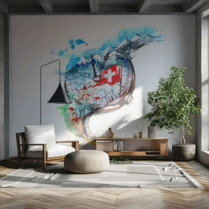 Papel de Parede Autocolante Deluxe Sticker - O Espírito da Suíça - Abstração, Relógio Suíço, Alpes - 350x256 cm