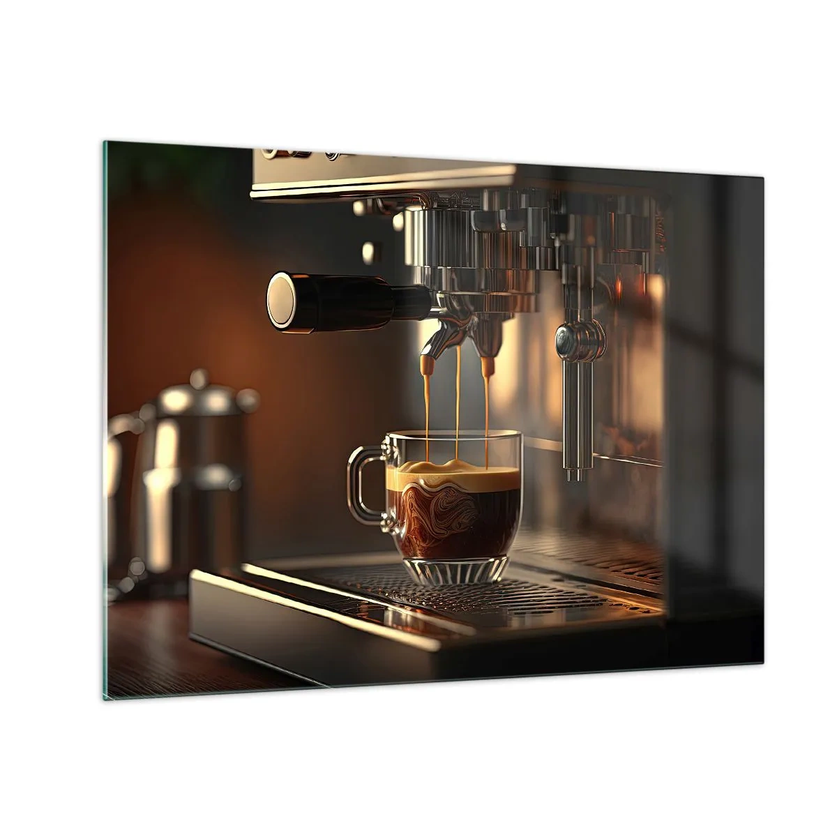 Quadro em vidro - Café expresso em copo com espuma - 70x50cm - Uma mistura sensual - Decoração de parede moderna para a sala de estar e quarto ARTTOR