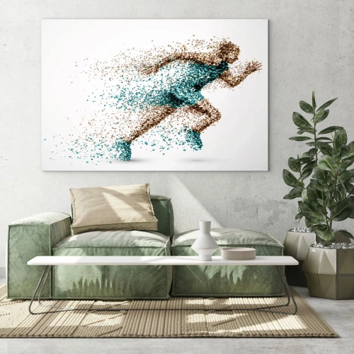 Quadro em vidro - Uma figura de corredor formada por partículas coloridas - 70x50cm - A vida é uma corrida - Decoração de parede moderna para a sala de estar e quarto ARTTOR