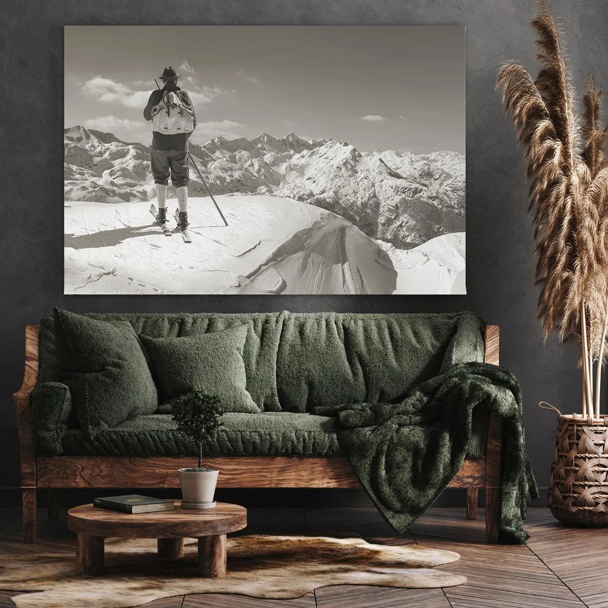 Quadro em tela - Um esquiador no topo de uma montanha em preto e branco - 70x50cm - E as montanhas são as mesmas - Decoração de parede moderna para a sala de estar e quarto ARTTOR