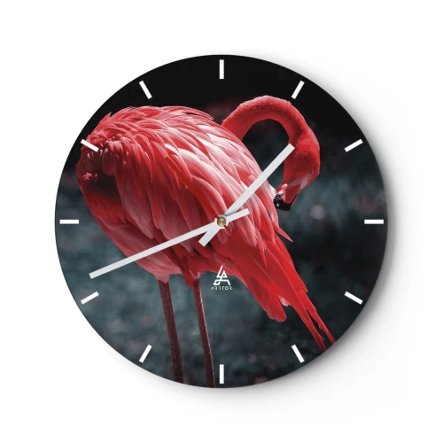 Relógio de parede - Relógio em vidro - Um flamingo vermelho em um fundo escuro em uma foto elegante - 30x30cm - Poema carmesim da natureza - Decoração de parede moderna para a sala de estar, cozinha e quarto ARTTOR