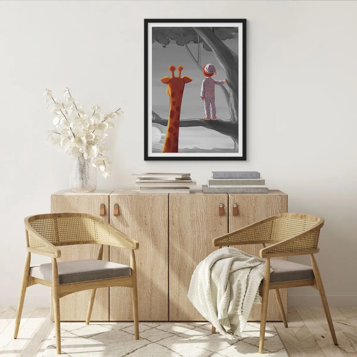 Pôster com moldura preta - Um menino de pijama e uma girafa em uma árvore em uma paisagem cinza e laranja. - 50x70cm - Isso está realmente acontecendo - Decoração de parede moderna para a sala de estar e quarto ARTTOR