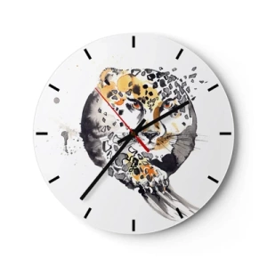 Relógio de parede - Relógio em vidro - Leopardo em forma artística com partículas dinâmicas ao redor da silhueta - 30x30cm - Beleza predatória - Decoração de parede moderna para a sala de estar, cozinha e quarto ARTTOR