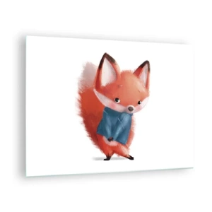 Quadro em vidro - Uma raposa fofa com um suéter azul sobre um fundo branco - 70x50cm - Fico bonito nisto? - Decoração de parede moderna para a sala de estar e quarto ARTTOR