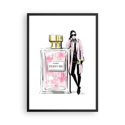 Pôster com moldura preta - Um elegante frasco de perfume com a silhueta de uma mulher estilosa - 50x70cm - Sensualidade parisiense - Decoração de parede moderna para a sala de estar e quarto ARTTOR