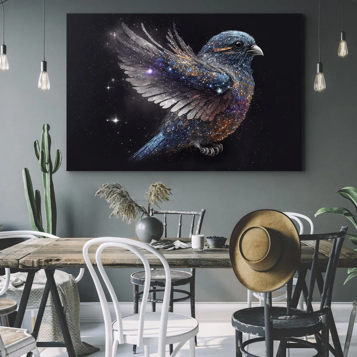 Quadro em tela - Um pardal de estilo espacial com brilho de diamante - 70x50cm - Pardal de diamante - Decoração de parede moderna para a sala de estar e quarto ARTTOR