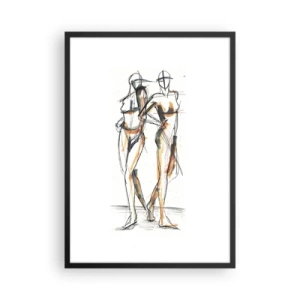 Pôster com moldura preta - Esboço abstrato de duas figuras em cores quentes. - 50x70cm - Um estudo do encanto - Decoração de parede moderna para a sala de estar e quarto ARTTOR