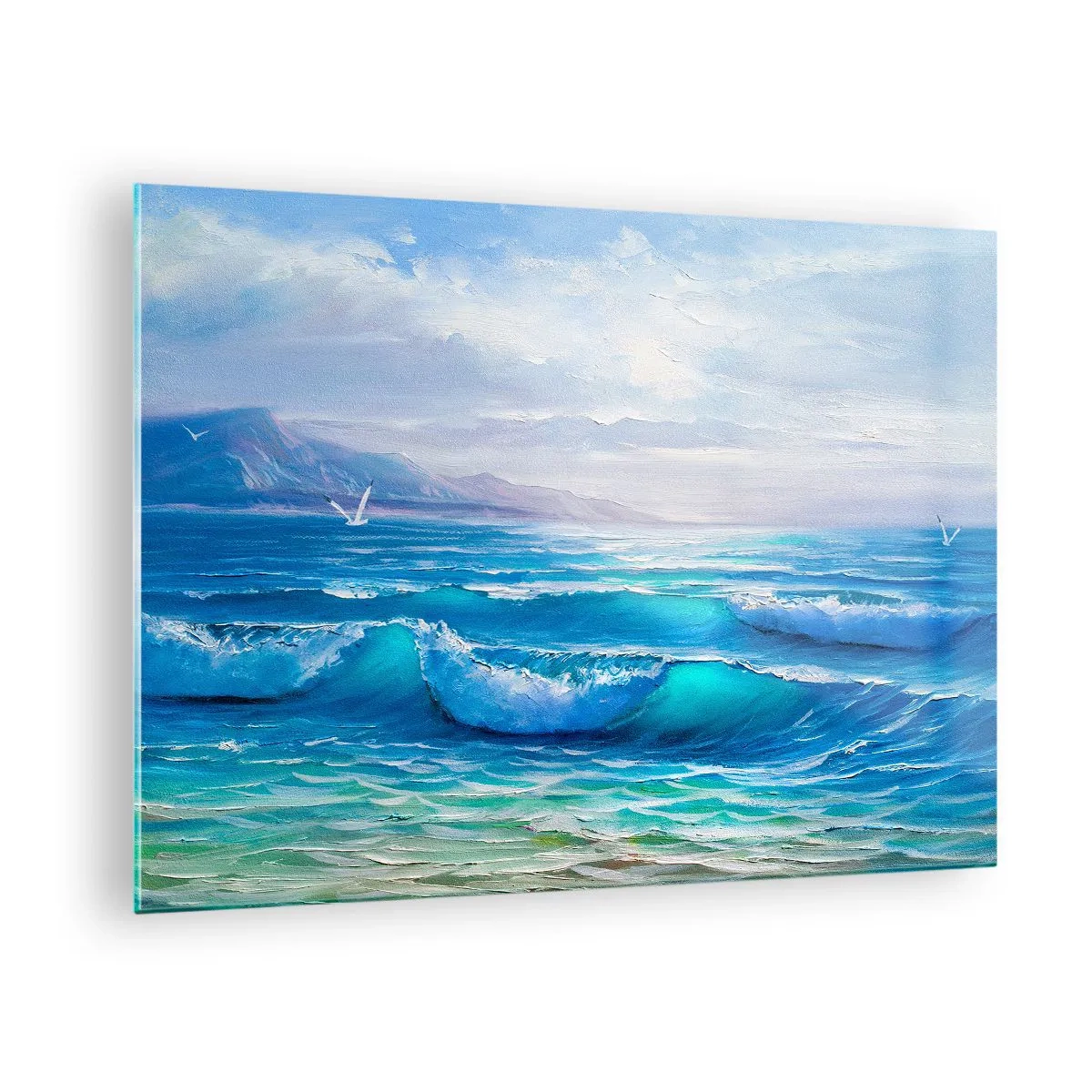 Quadro em vidro - Ondas azuis do mar batendo na costa em um dia ensolarado - 70x50cm - Conforta e consola - Decoração de parede moderna para a sala de estar e quarto ARTTOR