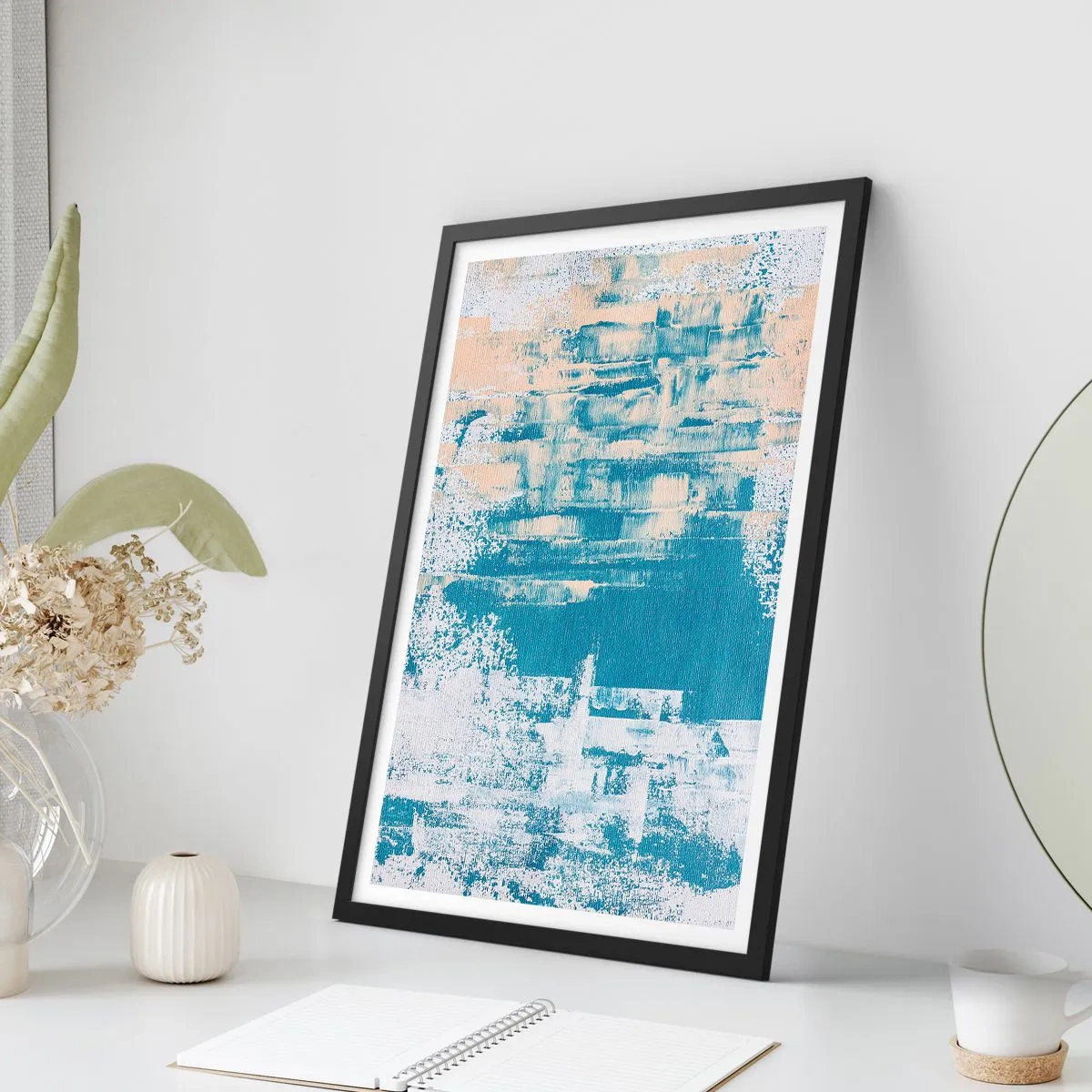 Pôster com moldura preta - Textura abstrata em tons de azul e bege - 50x70cm - Através da estalactite de gelo - Decoração de parede moderna para a sala de estar e quarto ARTTOR