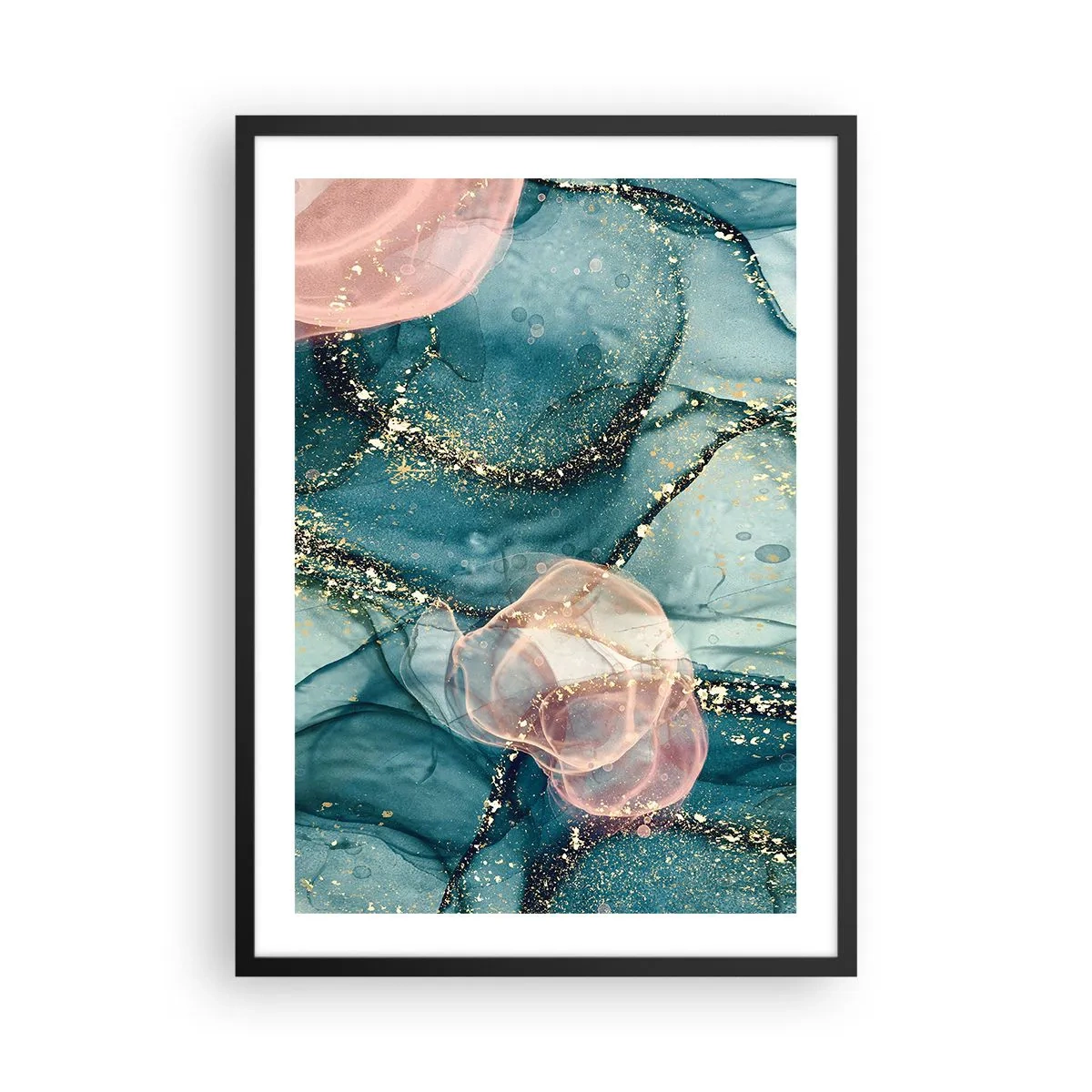 Pôster com moldura preta - Uma composição abstrata em tons de turquesa e dourado. - 50x70cm - Azul seda, rosa tule - Decoração de parede moderna para a sala de estar e quarto ARTTOR