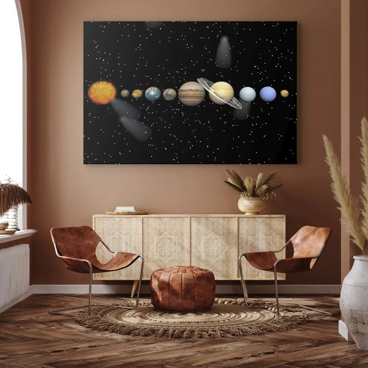 Quadro em tela - O sistema solar com planetas contra o fundo de estrelas no espaço - 70x50cm - E os planetas estão a enlouquecer... - Decoração de parede moderna para a sala de estar e quarto ARTTOR