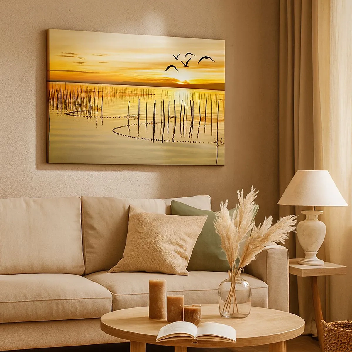 Quadro em tela - Pôr do sol sobre a água com pássaros voando - 70x50cm - Na pescaria - Decoração de parede moderna para a sala de estar e quarto ARTTOR