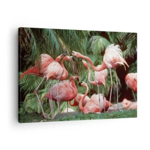 Quadro em tela - Um grupo de flamingos em um ambiente tropical cercado por palmeiras - 70x50cm - Fofocas da tarde - Decoração de parede moderna para a sala de estar e quarto ARTTOR