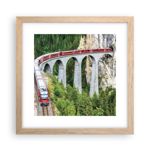 Pôster com moldura de carvalho claro - Linha férrea com vista para a montanha - 30x30 cm