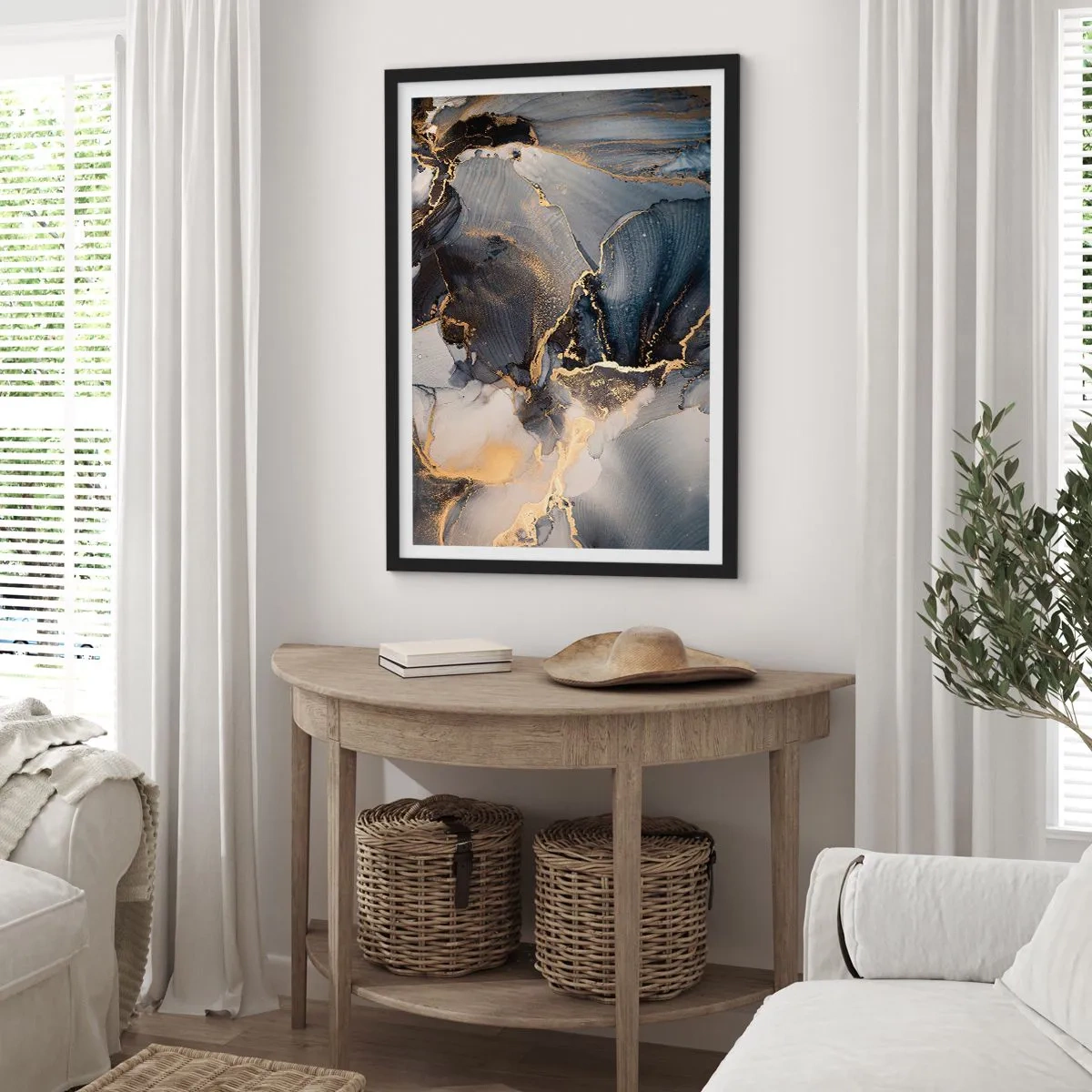 Pôster com moldura preta - Uma composição abstrata em tons escuros com detalhes dourados. - 50x70cm - A vida da pedra - Decoração de parede moderna para a sala de estar e quarto ARTTOR