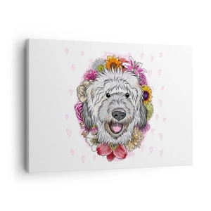 Quadro em tela - Um cachorro cercado por flores coloridas - 70x50cm - Alegria de cachorrinho - Decoração de parede moderna para a sala de estar e quarto ARTTOR