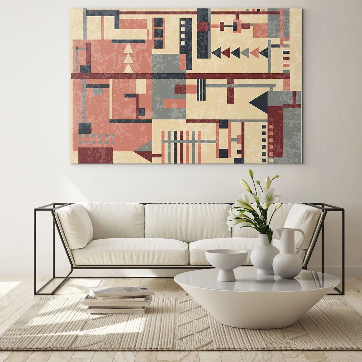 Quadro em vidro - Padrão geométrico abstrato em tons de bege e vermelho - 70x50cm - Combinação de verticais e horizontais - Decoração de parede moderna para a sala de estar e quarto ARTTOR