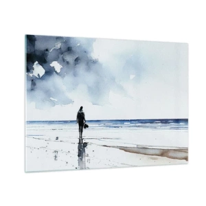 Quadro em vidro - Silhueta de uma pessoa na praia em aquarela delicada - 70x50cm - Conversa com o mar - Decoração de parede moderna para a sala de estar e quarto ARTTOR