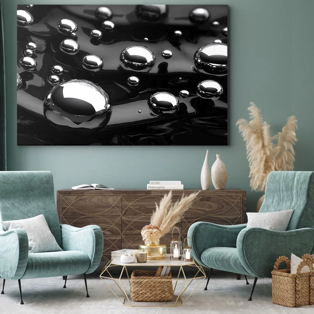 Quadro em tela - Gotas abstratas em uma superfície preta - 70x50cm - Das profundezas negras - Decoração de parede moderna para a sala de estar e quarto ARTTOR