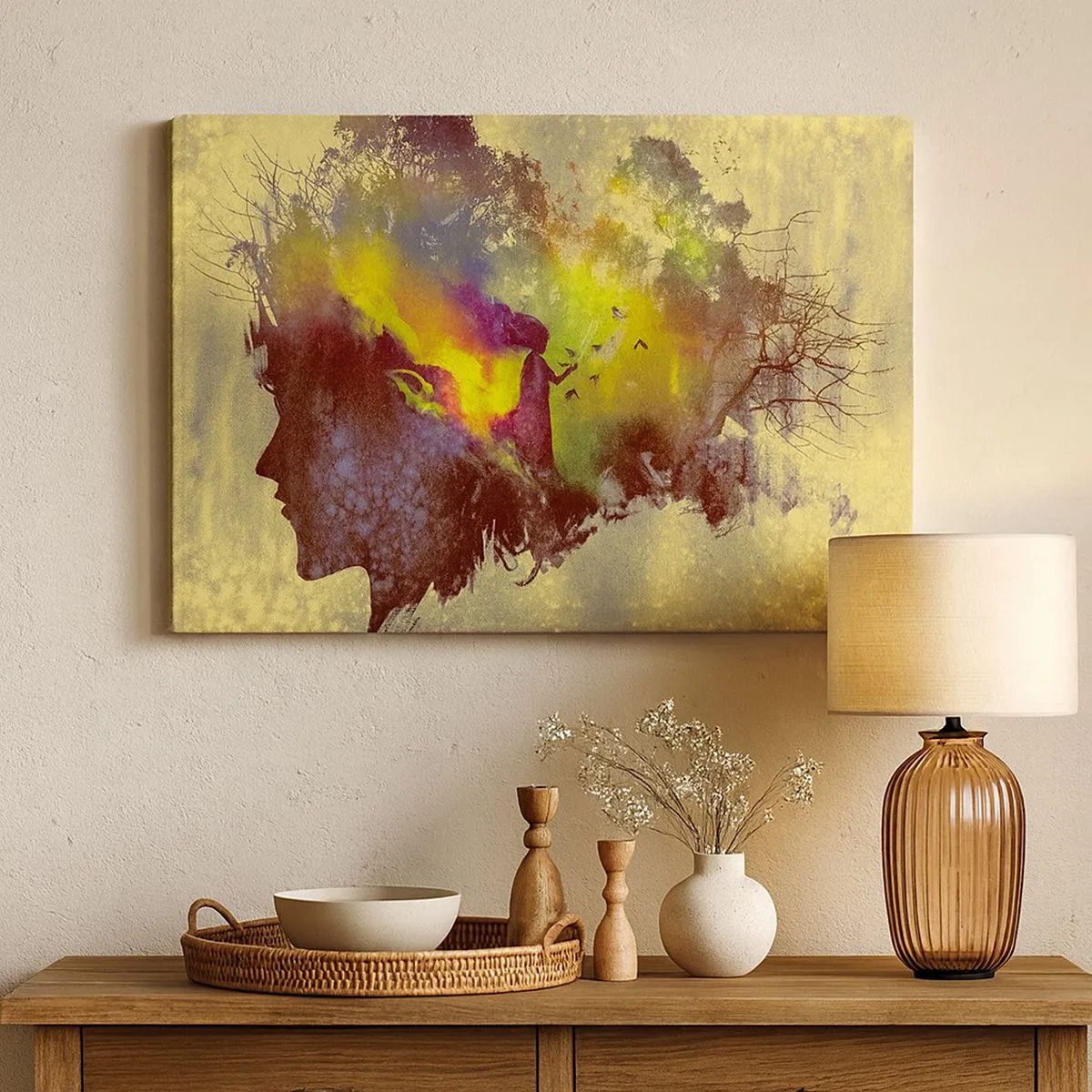 Quadro em tela - Silhueta artística de uma mulher com a natureza ao fundo - 70x50cm - Mãe Natureza - Decoração de parede moderna para a sala de estar e quarto ARTTOR