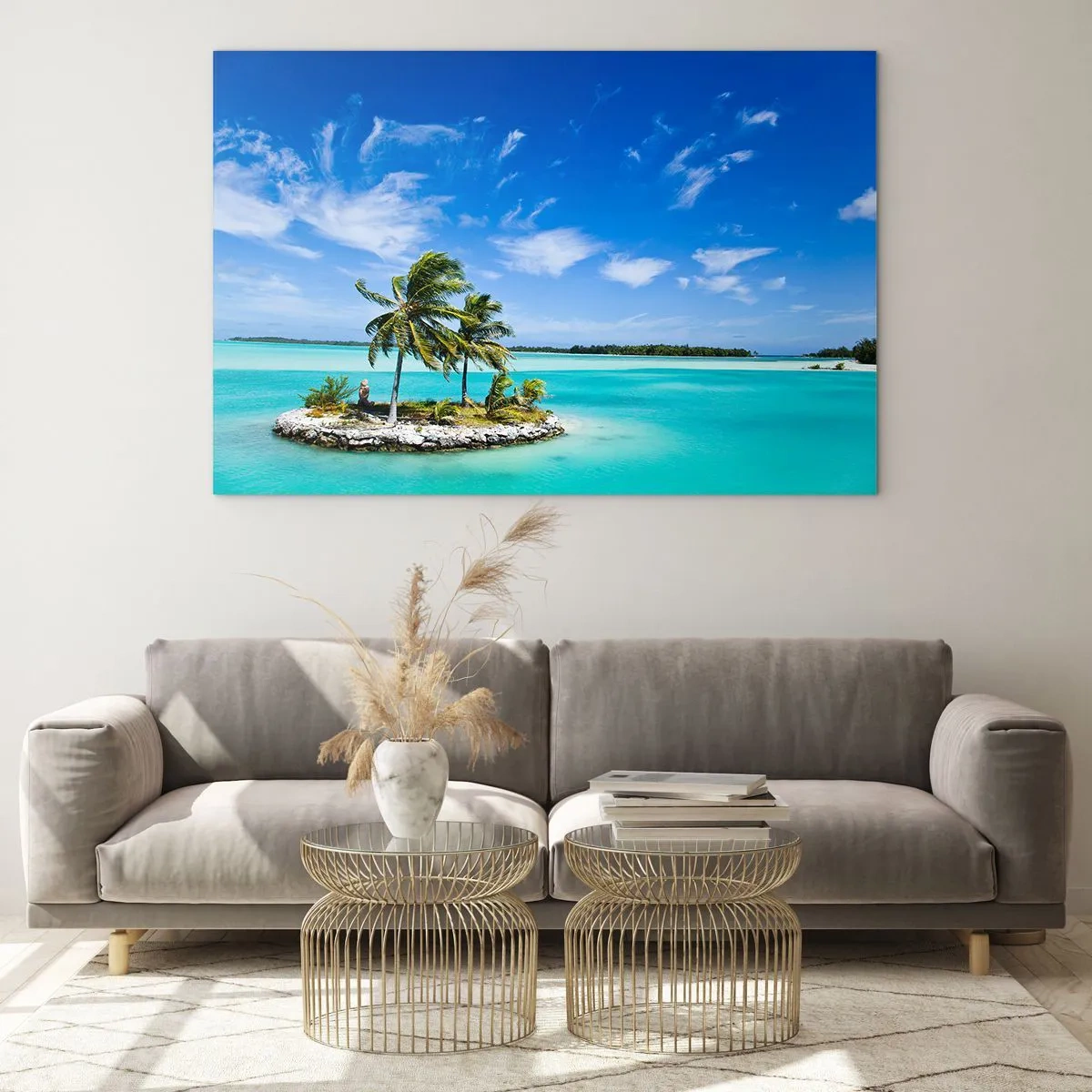 Quadro em vidro - Uma ilha tropical com um oceano azul-turquesa como pano de fundo - 70x50cm - Paraíso na terra - Decoração de parede moderna para a sala de estar e quarto ARTTOR