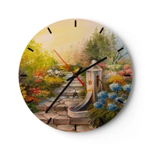 Relógio de parede - Relógio em vidro - Um jardim com uma fonte rodeada de flores e árvores coloridas - 30x30cm - Em pleno florescimento - Decoração de parede moderna para a sala de estar, cozinha e quarto ARTTOR