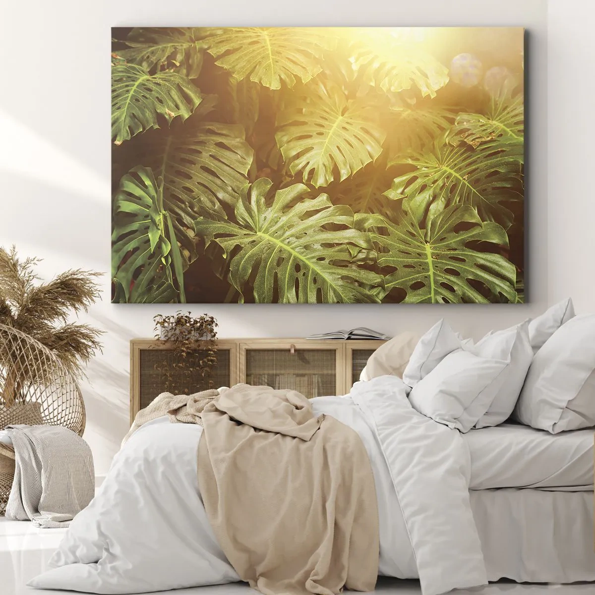 Quadro em tela - Folhas de Monstera ao sol em um fundo natural - 70x50cm - Um mergulho na vegetação - Decoração de parede moderna para a sala de estar e quarto ARTTOR