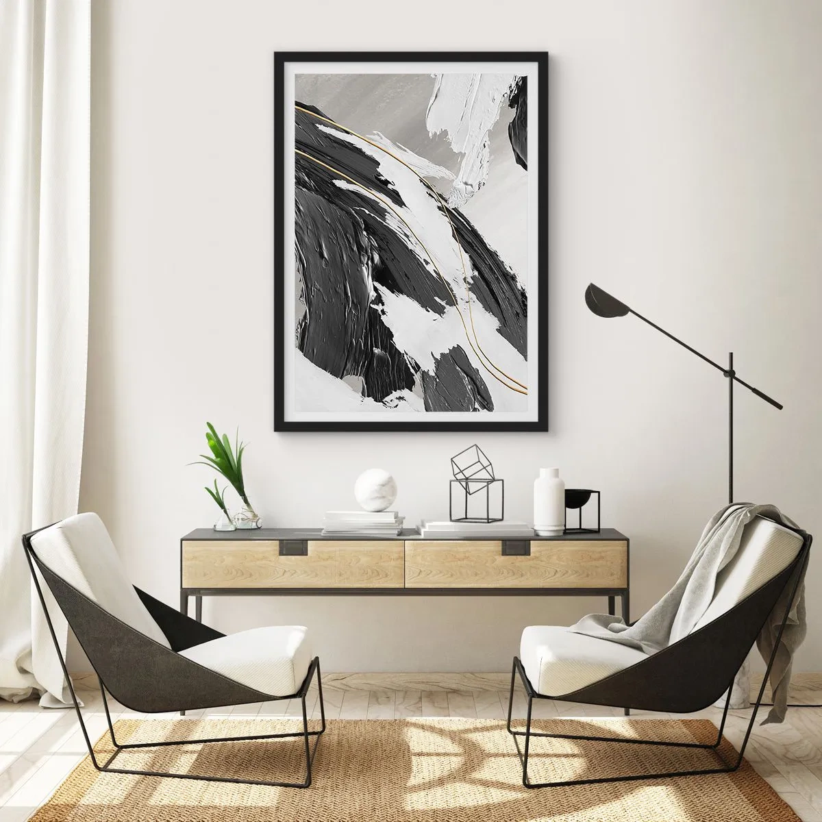 Pôster com moldura preta - Pinceladas abstratas em preto, branco e dourado - 50x70cm - Abstração em grande escala - Decoração de parede moderna para a sala de estar e quarto ARTTOR