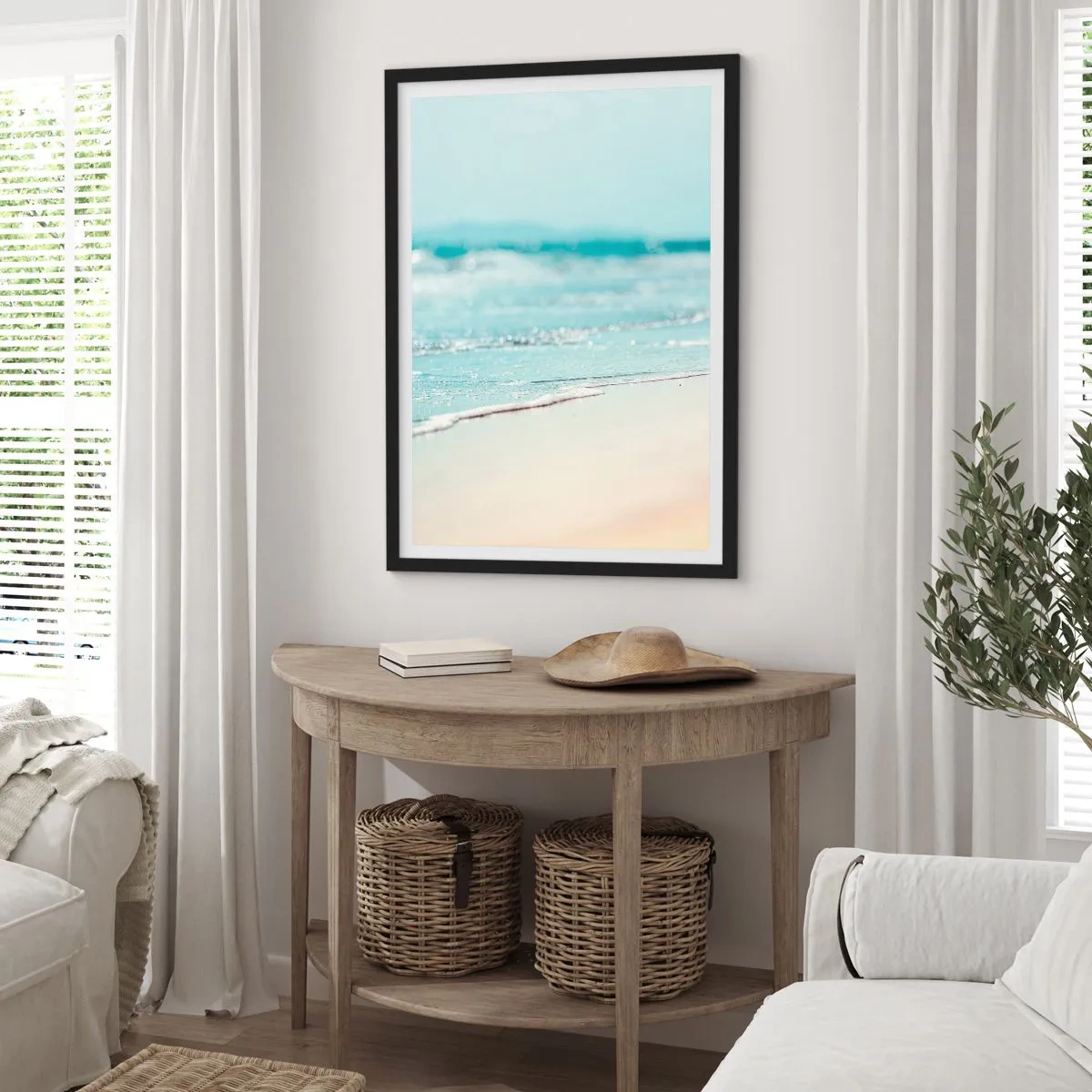 Pôster com moldura preta - Uma praia tranquila e ondas calmas em tons pastéis - 50x70cm - Calor e ruído - Decoração de parede moderna para a sala de estar e quarto ARTTOR