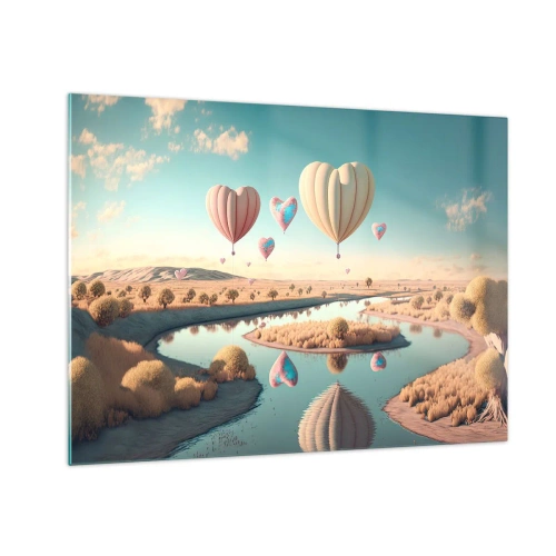 Quadro em vidro - Balões em forma de coração sobre uma paisagem de conto de fadas com um rio - 70x50cm - O amor permite se reerguer - Decoração de parede moderna para a sala de estar e quarto ARTTOR