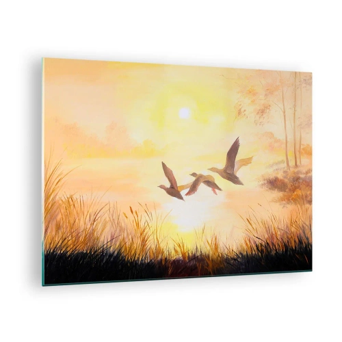 Quadro em vidro - Três patos voando sobre um lago ao nascer do sol - 70x50cm - O início de uma longa viagem - Decoração de parede moderna para a sala de estar e quarto ARTTOR