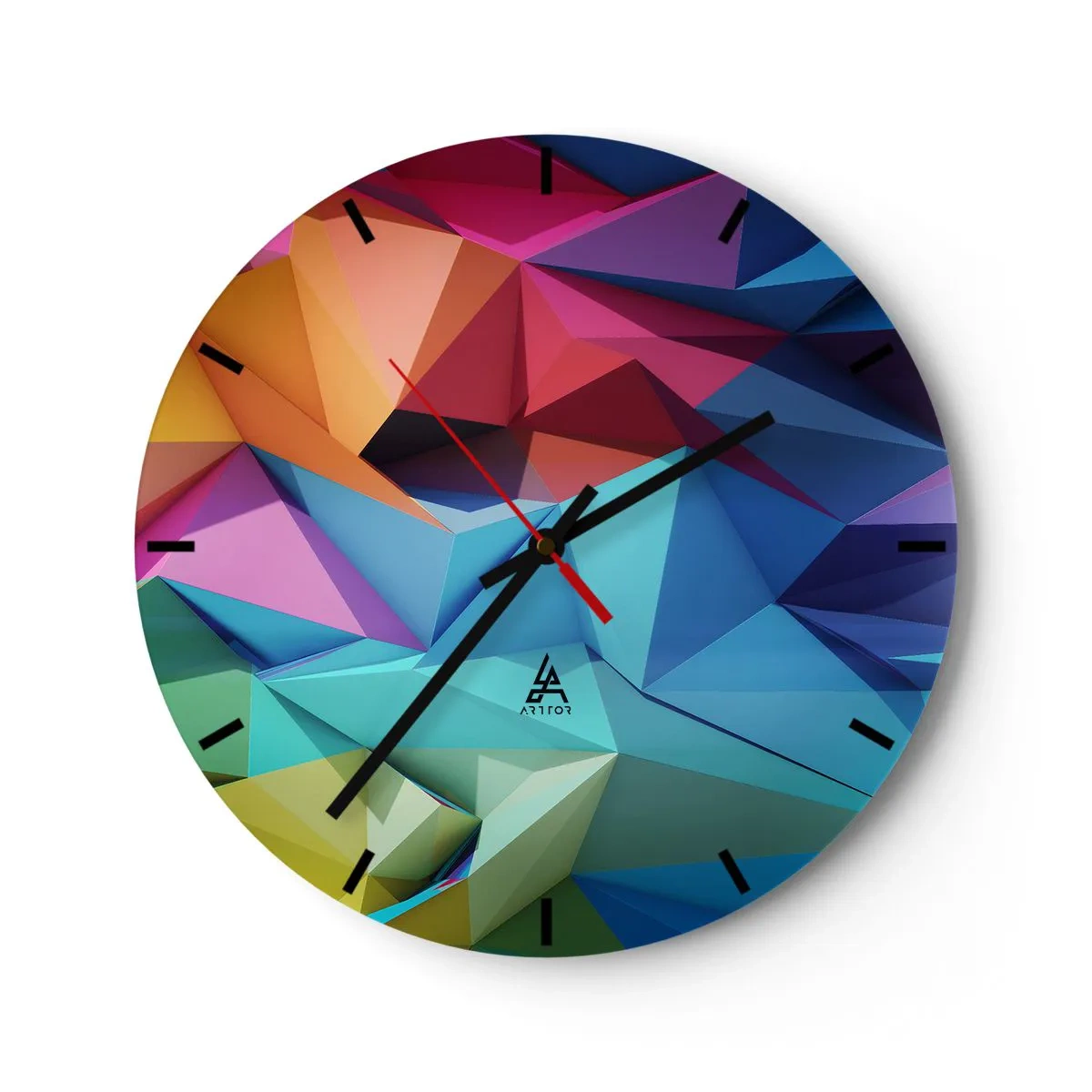 Relógio de parede - Relógio em vidro - Uma composição colorida e geométrica que lembra origami - 30x30cm - Arco-íris de origami - Decoração de parede moderna para a sala de estar, cozinha e quarto ARTTOR