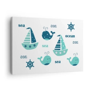 Quadro em tela - Motivos náuticos encantadores com baleias e veleiros - 70x50cm - Através dos mares e oceanos - Decoração de parede moderna para a sala de estar e quarto ARTTOR