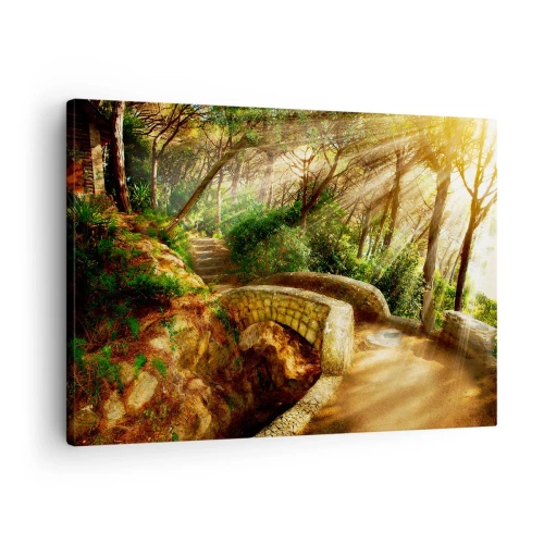 Quadro em tela - Paisagem florestal com raios de sol e uma ponte de pedra - 70x50cm - Direto da ponte para a floresta de contos de fadas - Decoração de parede moderna para a sala de estar e quarto ARTTOR