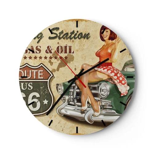 Relógio de parede - Relógio em vidro - Garota pin-up e carro retrô - 30x30cm - Os gloriosos anos 40 - Decoração de parede moderna para a sala de estar, cozinha e quarto ARTTOR