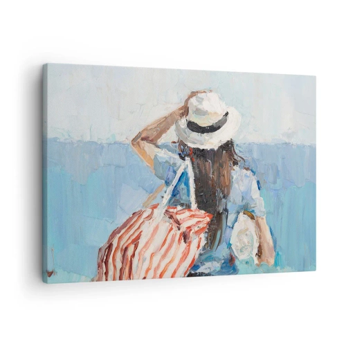 Quadro em tela - Uma mulher de chapéu contra o mar azul - 70x50cm - Bem-vindo às suas férias - Decoração de parede moderna para a sala de estar e quarto ARTTOR