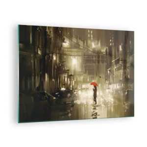 Quadro em vidro - Pessoa com guarda-chuva vermelho na luz chuvosa da cidade à noite - 70x50cm - Sozinha, mas não solitária - Decoração de parede moderna para a sala de estar e quarto ARTTOR