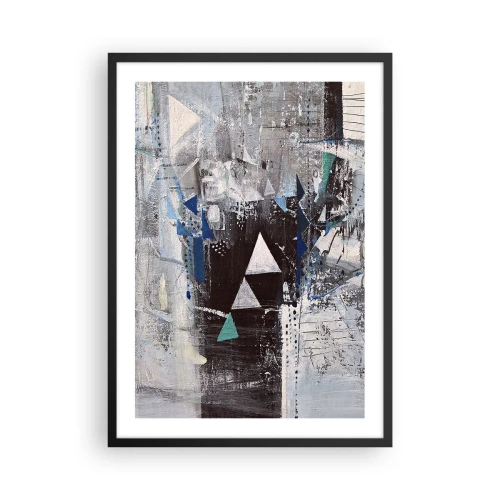 Pôster com moldura preta - Composição geométrica abstrata em tons de cinza e azul - 50x70cm - A ordem superior dos triângulos - Decoração de parede moderna para a sala de estar e quarto ARTTOR