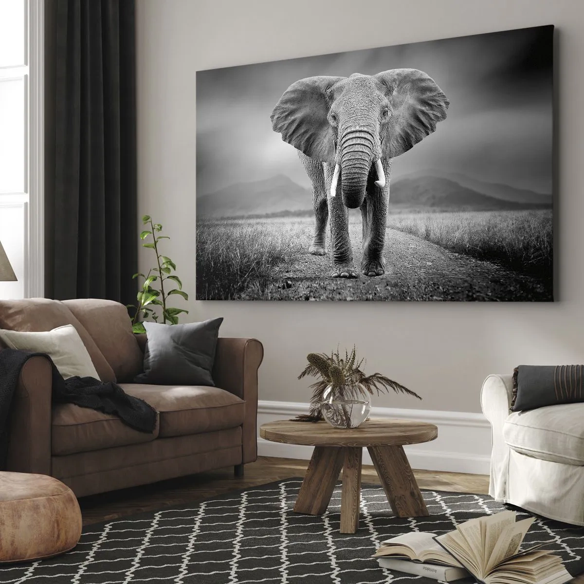Quadro em tela - Um poderoso elefante na savana em tons monocromáticos - 70x50cm - O anfitrião dá as boas-vindas - Decoração de parede moderna para a sala de estar e quarto ARTTOR