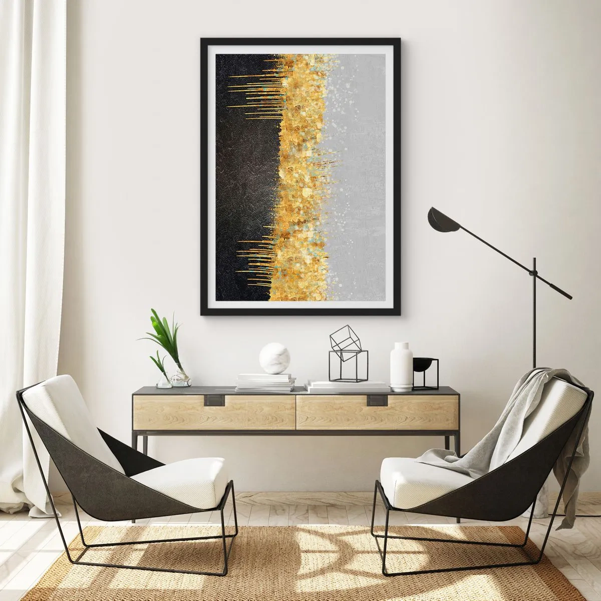 Pôster com moldura preta - Composição abstrata de ouro, preto e prata - 50x70cm - Para dentro e para cima - Decoração de parede moderna para a sala de estar e quarto ARTTOR
