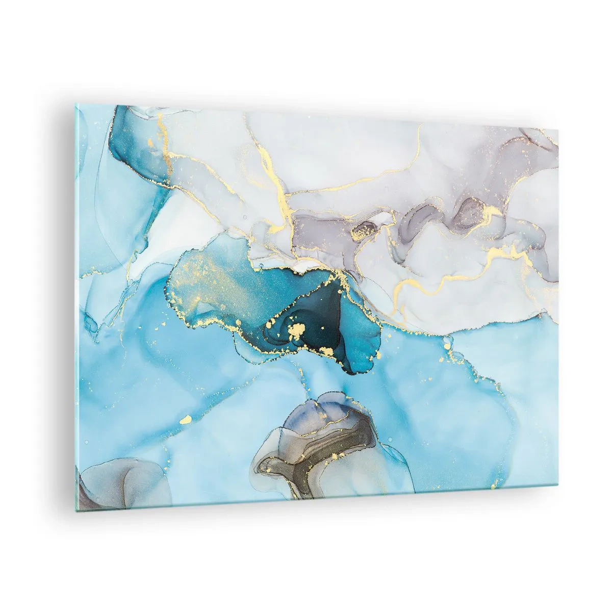 Quadro em vidro - Ondas turquesa e cinza com detalhes dourados - 70x50cm - Estudo do encontro do cinza e turquesa - Decoração de parede moderna para a sala de estar e quarto ARTTOR