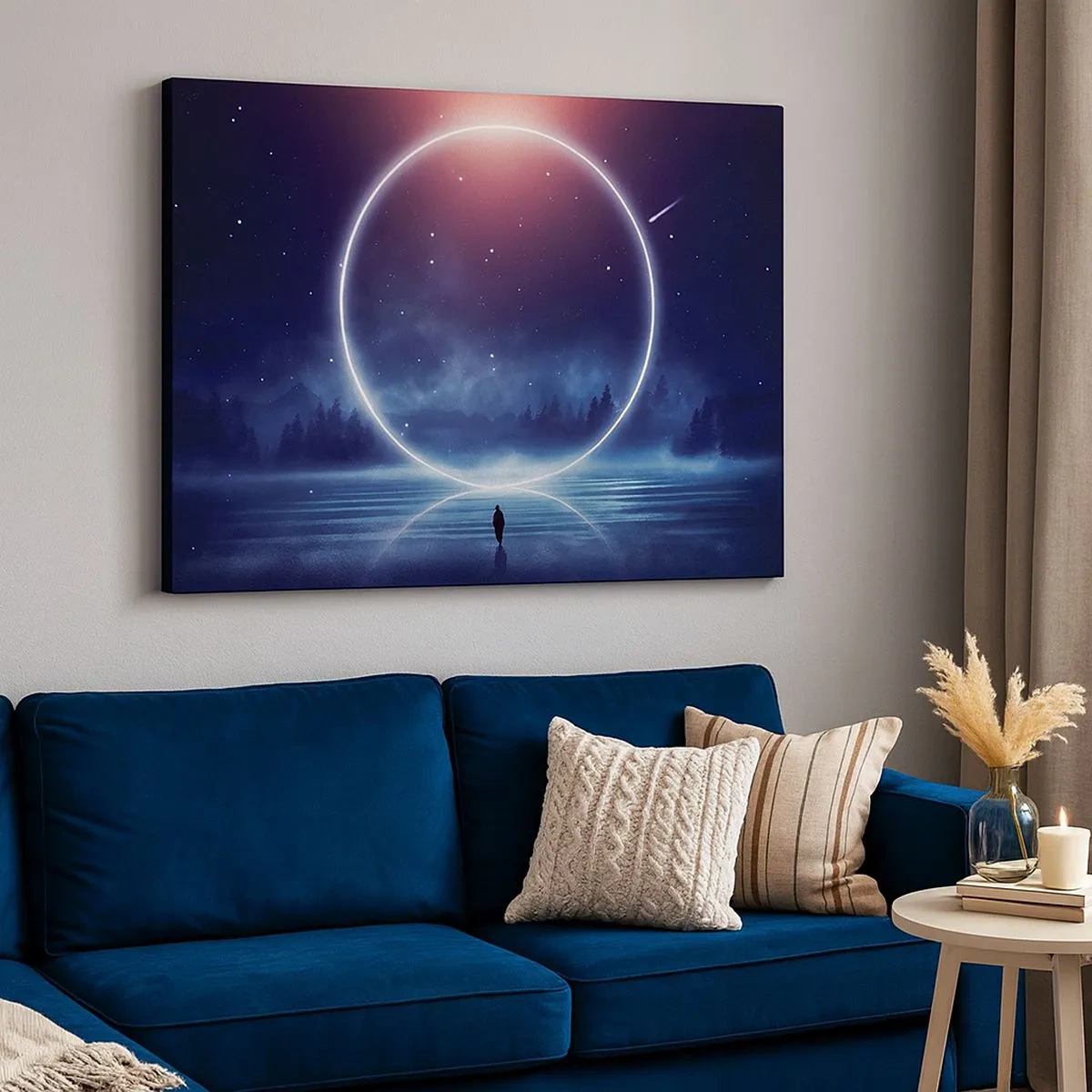 Quadro em tela - Uma paisagem mágica com uma figura e um círculo de luz à noite - 70x50cm - Eles já estão aqui... - Decoração de parede moderna para a sala de estar e quarto ARTTOR