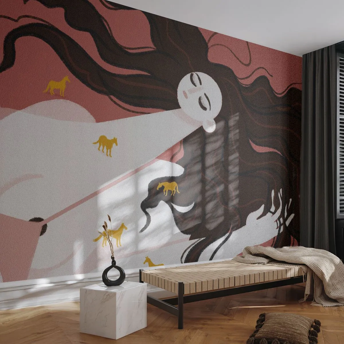 Papel de Parede Premium Sand - Sonho com um cavalo dourado - Mulher, Retrato, Minimalismo - 250x175 cm