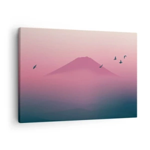 Quadro em tela - Paisagem minimalista com montanha e pássaros ao nascer do sol - 70x50cm - Andarilhos sob as nuvens - Decoração de parede moderna para a sala de estar e quarto ARTTOR