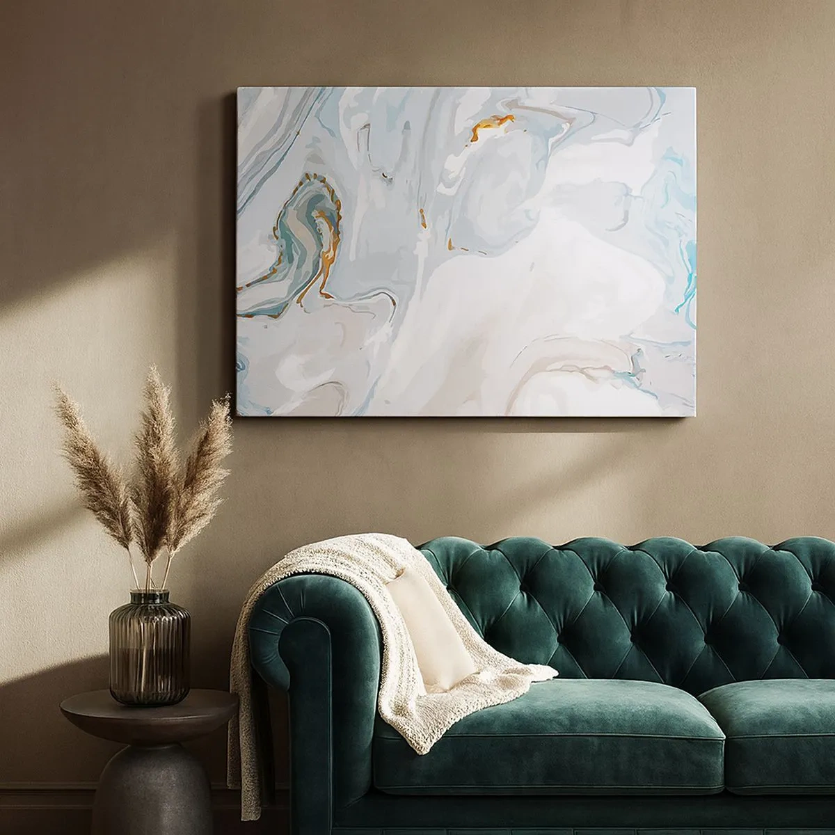 Quadro em tela - Ondas abstratas em tons de azul e branco - 70x50cm - Branco elevado - Decoração de parede moderna para a sala de estar e quarto ARTTOR