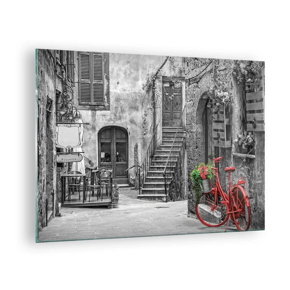 Quadro em vidro - Rua preta e branca com uma bicicleta vermelha - 70x50cm - Beco da Toscana - Decoração de parede moderna para a sala de estar e quarto ARTTOR