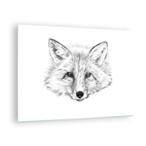Quadro em vidro - Desenho de uma cabeça de raposa em um fundo branco - 70x50cm - Esses olhos podem mentir? - Decoração de parede moderna para a sala de estar e quarto ARTTOR
